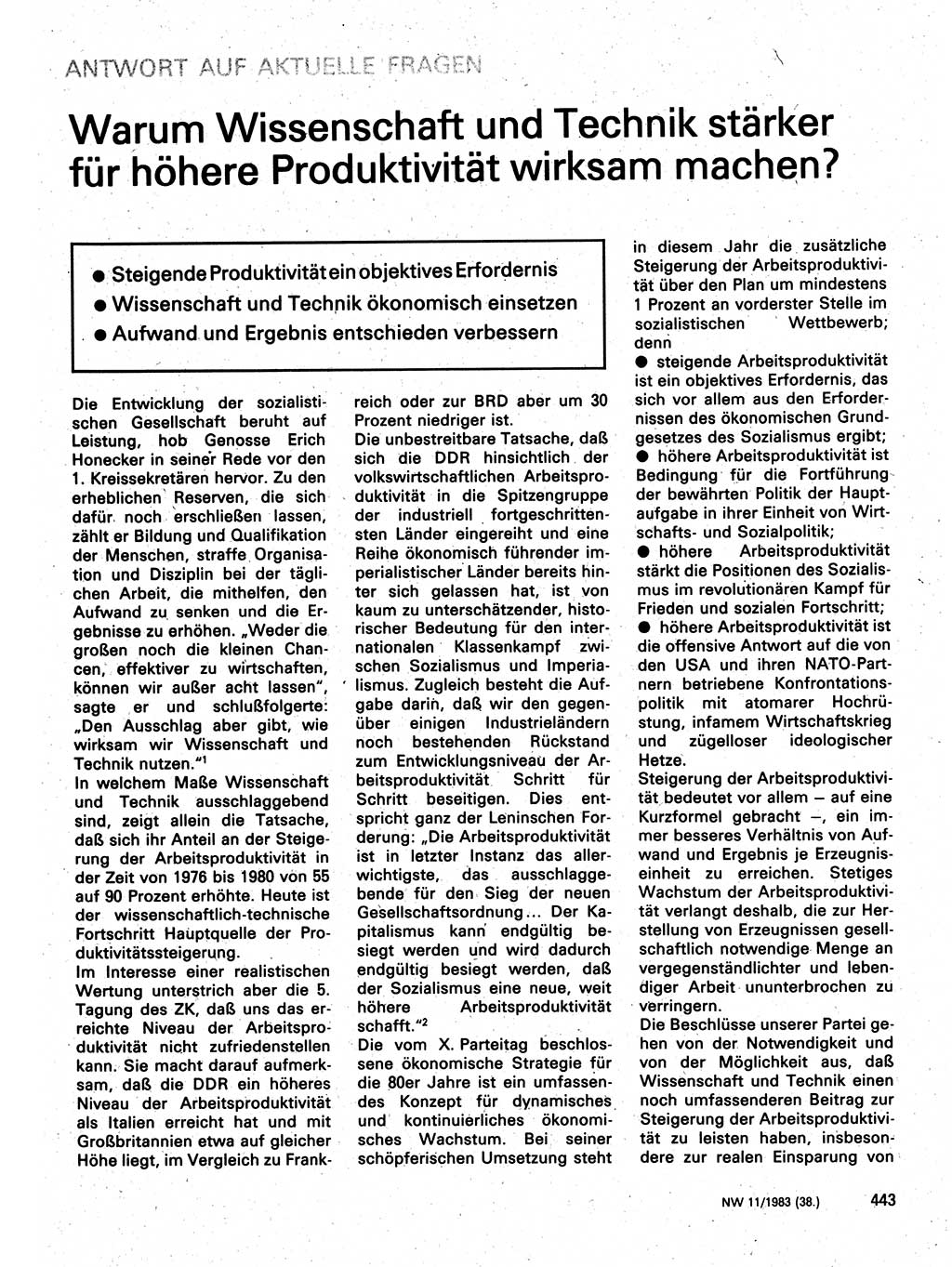 Neuer Weg (NW), Organ des Zentralkomitees (ZK) der SED (Sozialistische Einheitspartei Deutschlands) für Fragen des Parteilebens, 38. Jahrgang [Deutsche Demokratische Republik (DDR)] 1983, Seite 443 (NW ZK SED DDR 1983, S. 443)