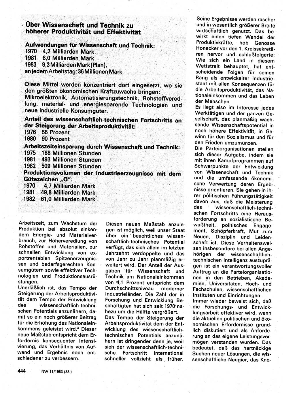 Neuer Weg (NW), Organ des Zentralkomitees (ZK) der SED (Sozialistische Einheitspartei Deutschlands) für Fragen des Parteilebens, 38. Jahrgang [Deutsche Demokratische Republik (DDR)] 1983, Seite 444 (NW ZK SED DDR 1983, S. 444)