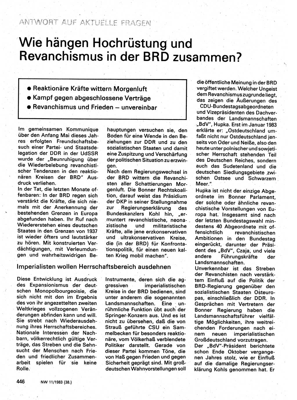 Neuer Weg (NW), Organ des Zentralkomitees (ZK) der SED (Sozialistische Einheitspartei Deutschlands) für Fragen des Parteilebens, 38. Jahrgang [Deutsche Demokratische Republik (DDR)] 1983, Seite 446 (NW ZK SED DDR 1983, S. 446)
