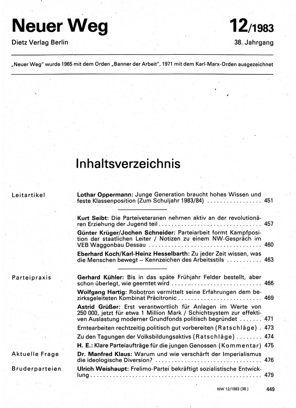 Neuer Weg (NW), Organ des Zentralkomitees (ZK) der SED (Sozialistische Einheitspartei Deutschlands) für Fragen des Parteilebens, 38. Jahrgang [Deutsche Demokratische Republik (DDR)] 1983, Seite 449 (NW ZK SED DDR 1983, S. 449)