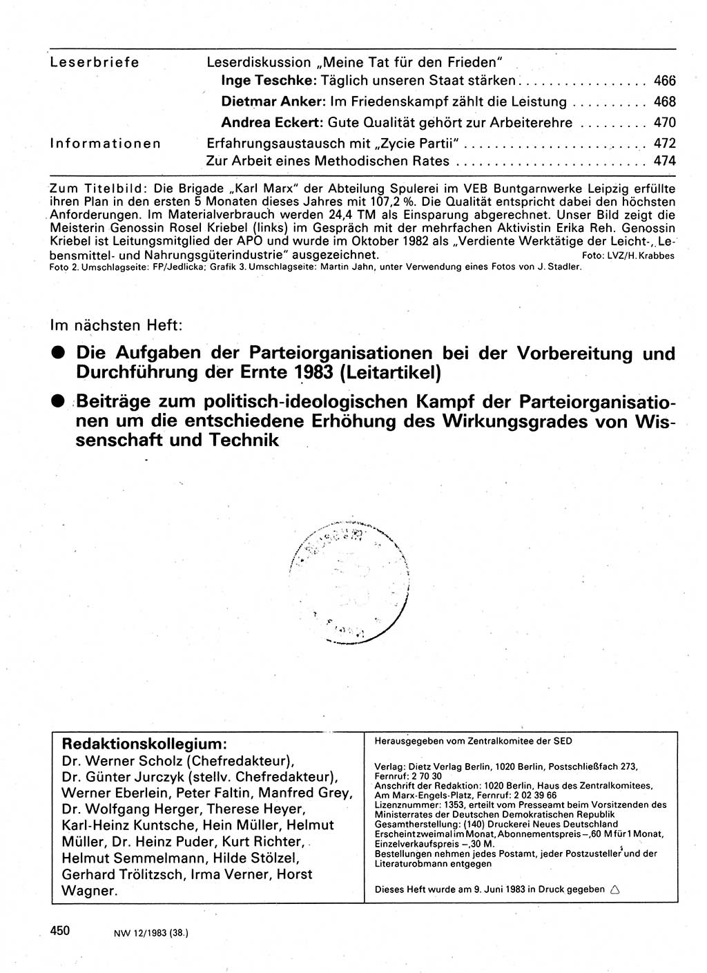 Neuer Weg (NW), Organ des Zentralkomitees (ZK) der SED (Sozialistische Einheitspartei Deutschlands) für Fragen des Parteilebens, 38. Jahrgang [Deutsche Demokratische Republik (DDR)] 1983, Seite 450 (NW ZK SED DDR 1983, S. 450)