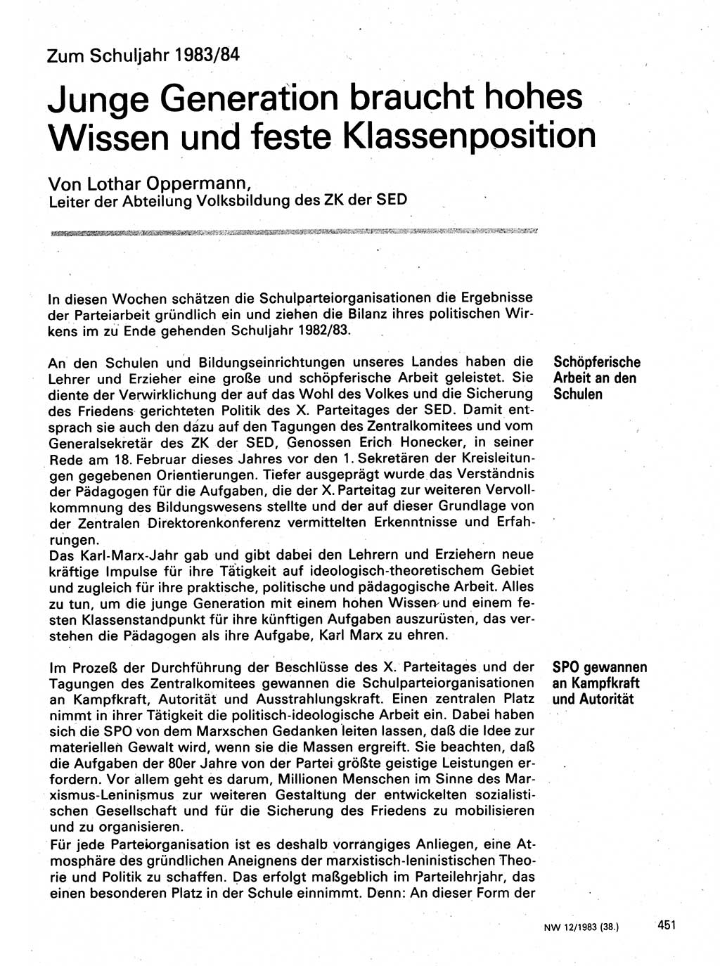 Neuer Weg (NW), Organ des Zentralkomitees (ZK) der SED (Sozialistische Einheitspartei Deutschlands) für Fragen des Parteilebens, 38. Jahrgang [Deutsche Demokratische Republik (DDR)] 1983, Seite 451 (NW ZK SED DDR 1983, S. 451)