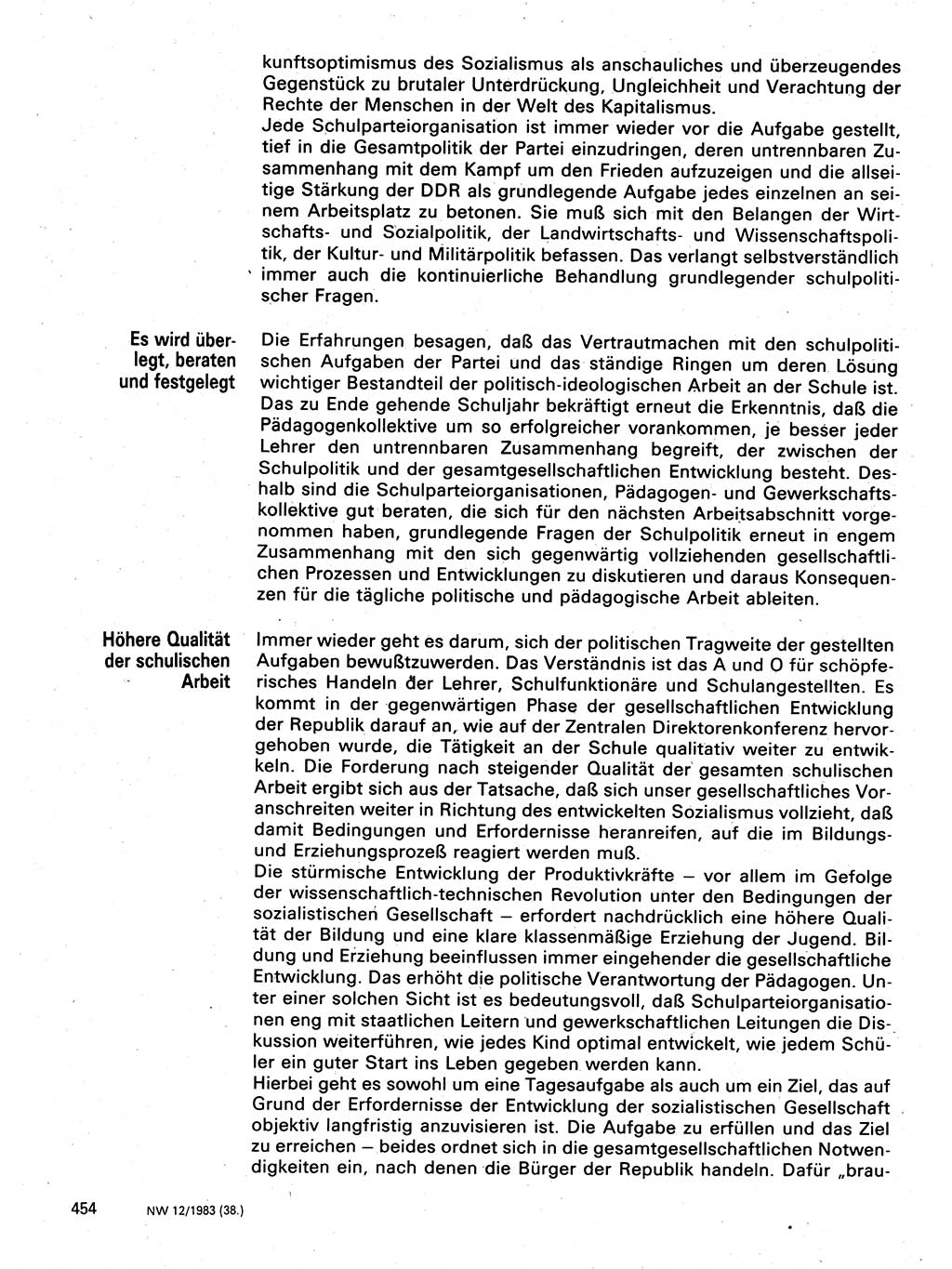 Neuer Weg (NW), Organ des Zentralkomitees (ZK) der SED (Sozialistische Einheitspartei Deutschlands) für Fragen des Parteilebens, 38. Jahrgang [Deutsche Demokratische Republik (DDR)] 1983, Seite 454 (NW ZK SED DDR 1983, S. 454)