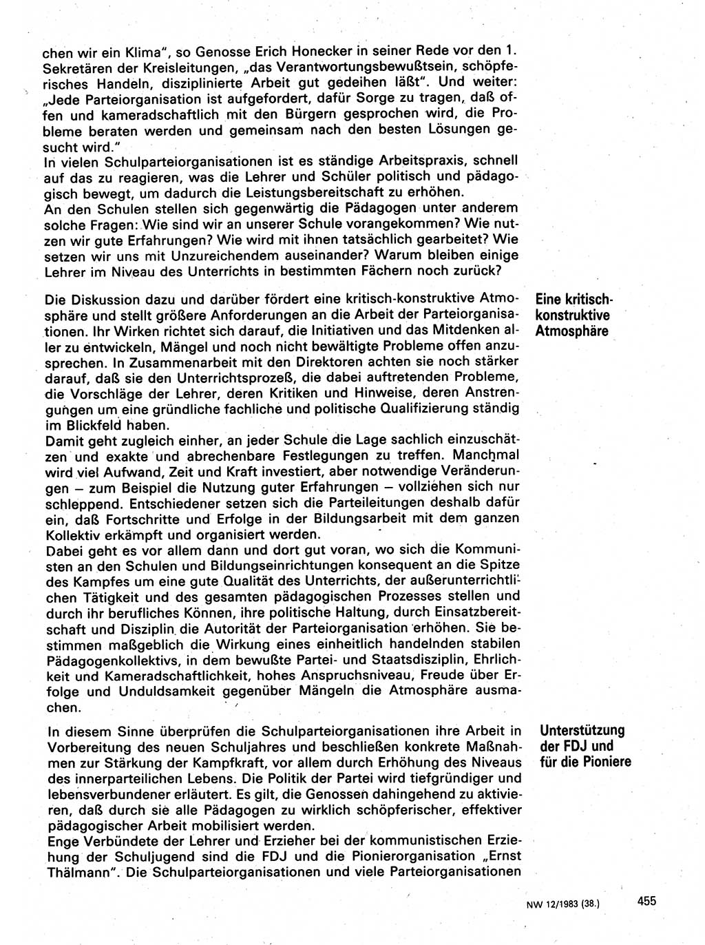 Neuer Weg (NW), Organ des Zentralkomitees (ZK) der SED (Sozialistische Einheitspartei Deutschlands) für Fragen des Parteilebens, 38. Jahrgang [Deutsche Demokratische Republik (DDR)] 1983, Seite 455 (NW ZK SED DDR 1983, S. 455)
