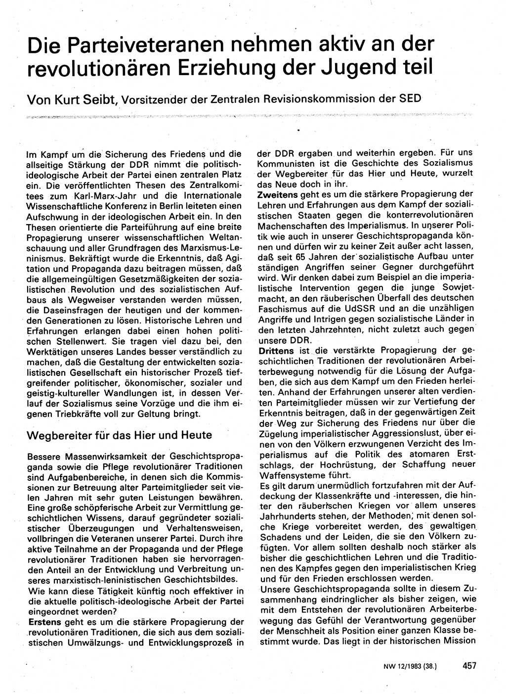 Neuer Weg (NW), Organ des Zentralkomitees (ZK) der SED (Sozialistische Einheitspartei Deutschlands) für Fragen des Parteilebens, 38. Jahrgang [Deutsche Demokratische Republik (DDR)] 1983, Seite 457 (NW ZK SED DDR 1983, S. 457)