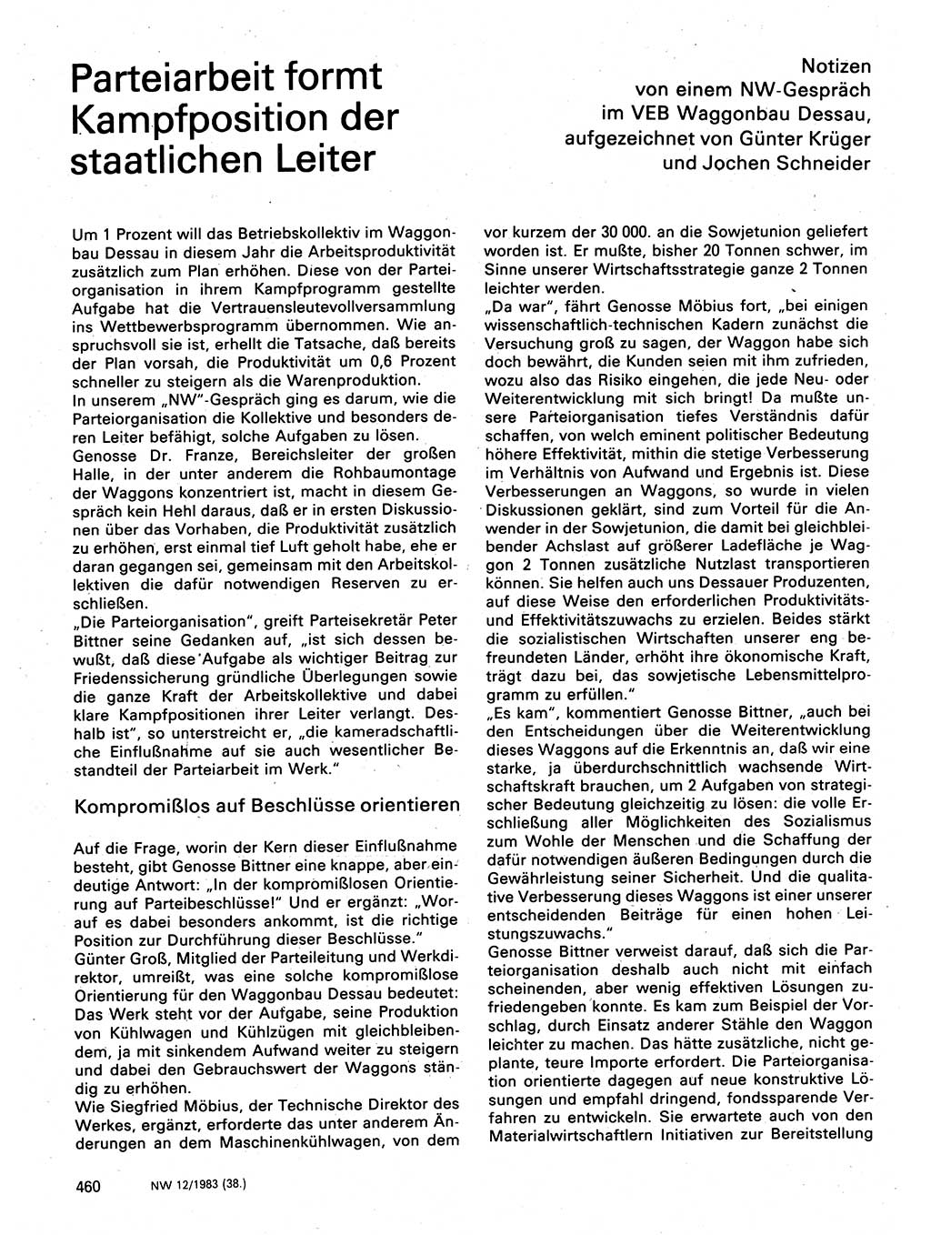 Neuer Weg (NW), Organ des Zentralkomitees (ZK) der SED (Sozialistische Einheitspartei Deutschlands) für Fragen des Parteilebens, 38. Jahrgang [Deutsche Demokratische Republik (DDR)] 1983, Seite 460 (NW ZK SED DDR 1983, S. 460)