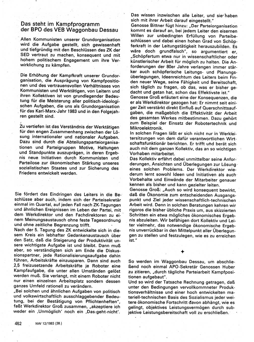 Neuer Weg (NW), Organ des Zentralkomitees (ZK) der SED (Sozialistische Einheitspartei Deutschlands) für Fragen des Parteilebens, 38. Jahrgang [Deutsche Demokratische Republik (DDR)] 1983, Seite 462 (NW ZK SED DDR 1983, S. 462)