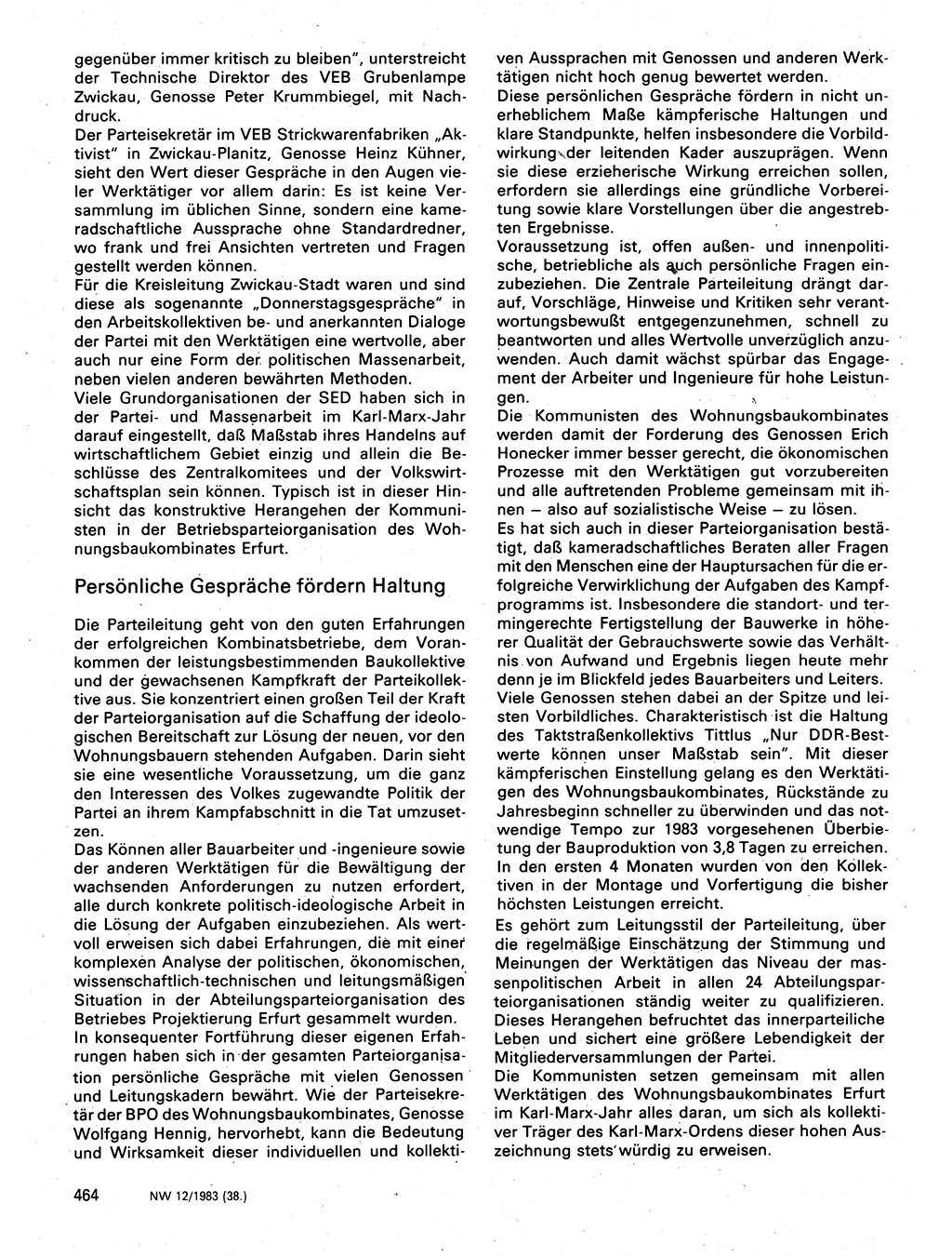 Neuer Weg (NW), Organ des Zentralkomitees (ZK) der SED (Sozialistische Einheitspartei Deutschlands) für Fragen des Parteilebens, 38. Jahrgang [Deutsche Demokratische Republik (DDR)] 1983, Seite 464 (NW ZK SED DDR 1983, S. 464)