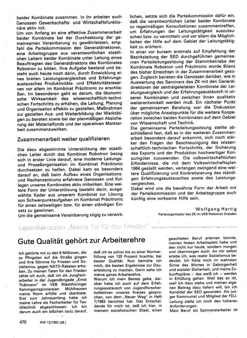 Neuer Weg (NW), Organ des Zentralkomitees (ZK) der SED (Sozialistische Einheitspartei Deutschlands) für Fragen des Parteilebens, 38. Jahrgang [Deutsche Demokratische Republik (DDR)] 1983, Seite 470 (NW ZK SED DDR 1983, S. 470)