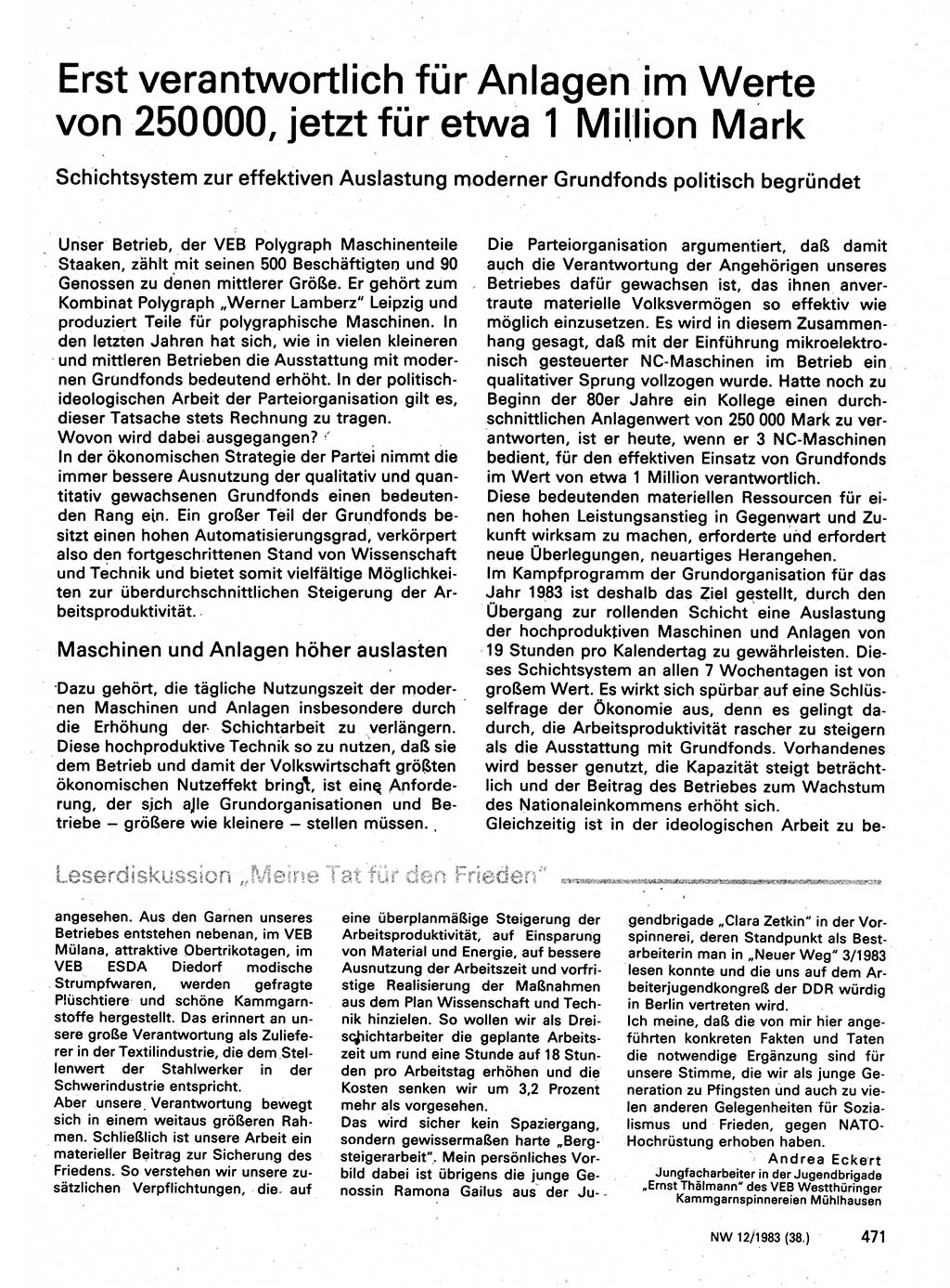 Neuer Weg (NW), Organ des Zentralkomitees (ZK) der SED (Sozialistische Einheitspartei Deutschlands) für Fragen des Parteilebens, 38. Jahrgang [Deutsche Demokratische Republik (DDR)] 1983, Seite 471 (NW ZK SED DDR 1983, S. 471)