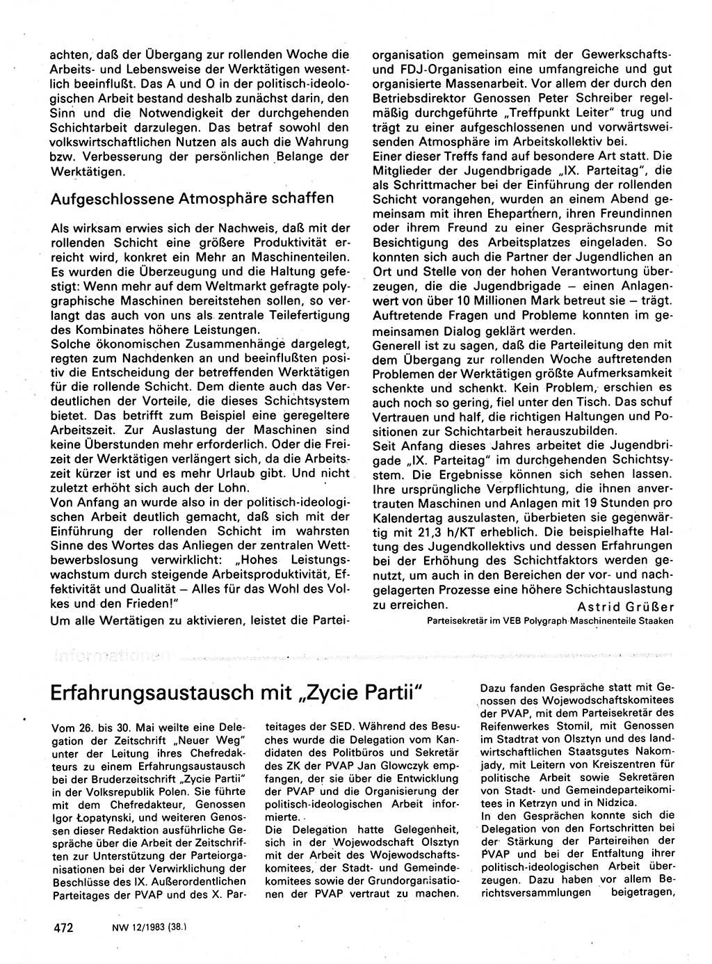 Neuer Weg (NW), Organ des Zentralkomitees (ZK) der SED (Sozialistische Einheitspartei Deutschlands) für Fragen des Parteilebens, 38. Jahrgang [Deutsche Demokratische Republik (DDR)] 1983, Seite 472 (NW ZK SED DDR 1983, S. 472)