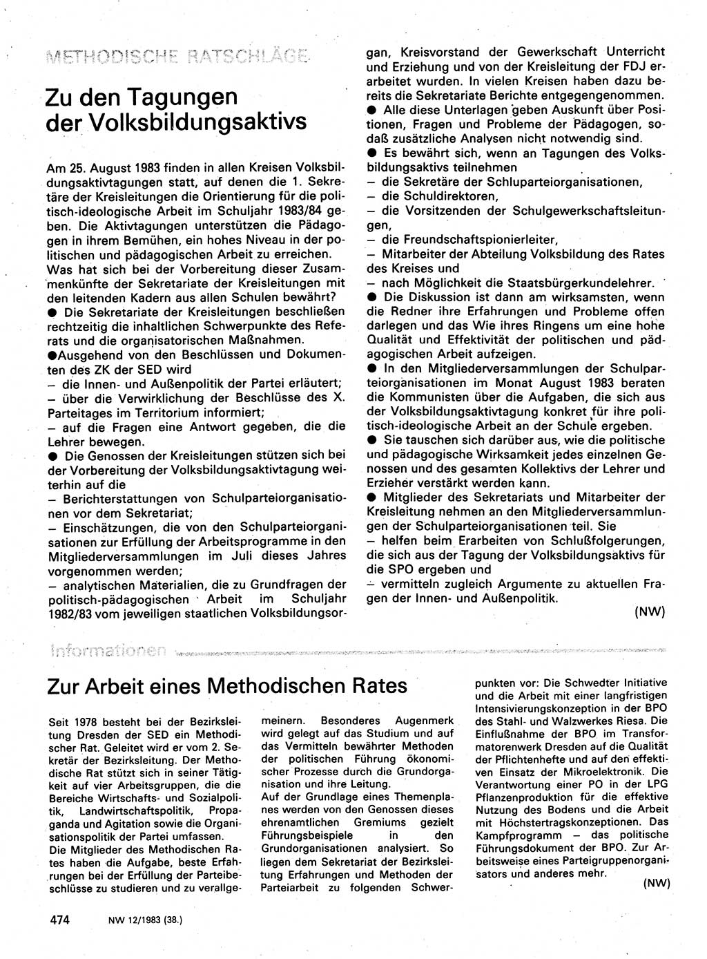 Neuer Weg (NW), Organ des Zentralkomitees (ZK) der SED (Sozialistische Einheitspartei Deutschlands) für Fragen des Parteilebens, 38. Jahrgang [Deutsche Demokratische Republik (DDR)] 1983, Seite 474 (NW ZK SED DDR 1983, S. 474)