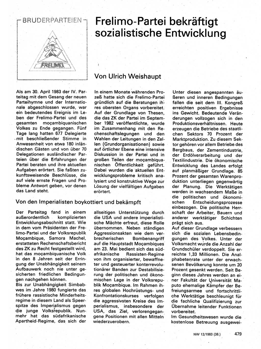 Neuer Weg (NW), Organ des Zentralkomitees (ZK) der SED (Sozialistische Einheitspartei Deutschlands) für Fragen des Parteilebens, 38. Jahrgang [Deutsche Demokratische Republik (DDR)] 1983, Seite 479 (NW ZK SED DDR 1983, S. 479)