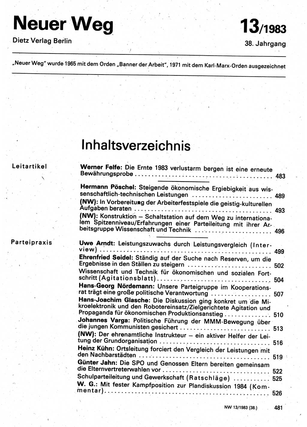 Neuer Weg (NW), Organ des Zentralkomitees (ZK) der SED (Sozialistische Einheitspartei Deutschlands) für Fragen des Parteilebens, 38. Jahrgang [Deutsche Demokratische Republik (DDR)] 1983, Seite 481 (NW ZK SED DDR 1983, S. 481)