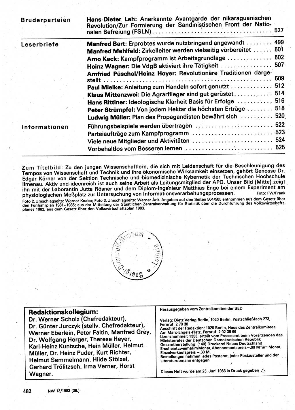 Neuer Weg (NW), Organ des Zentralkomitees (ZK) der SED (Sozialistische Einheitspartei Deutschlands) für Fragen des Parteilebens, 38. Jahrgang [Deutsche Demokratische Republik (DDR)] 1983, Seite 482 (NW ZK SED DDR 1983, S. 482)