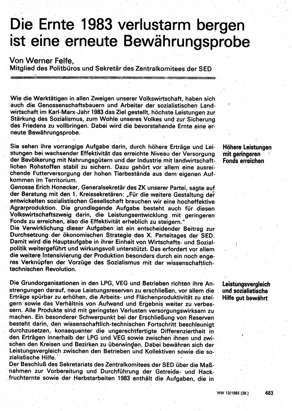 Neuer Weg (NW), Organ des Zentralkomitees (ZK) der SED (Sozialistische Einheitspartei Deutschlands) für Fragen des Parteilebens, 38. Jahrgang [Deutsche Demokratische Republik (DDR)] 1983, Seite 483 (NW ZK SED DDR 1983, S. 483)