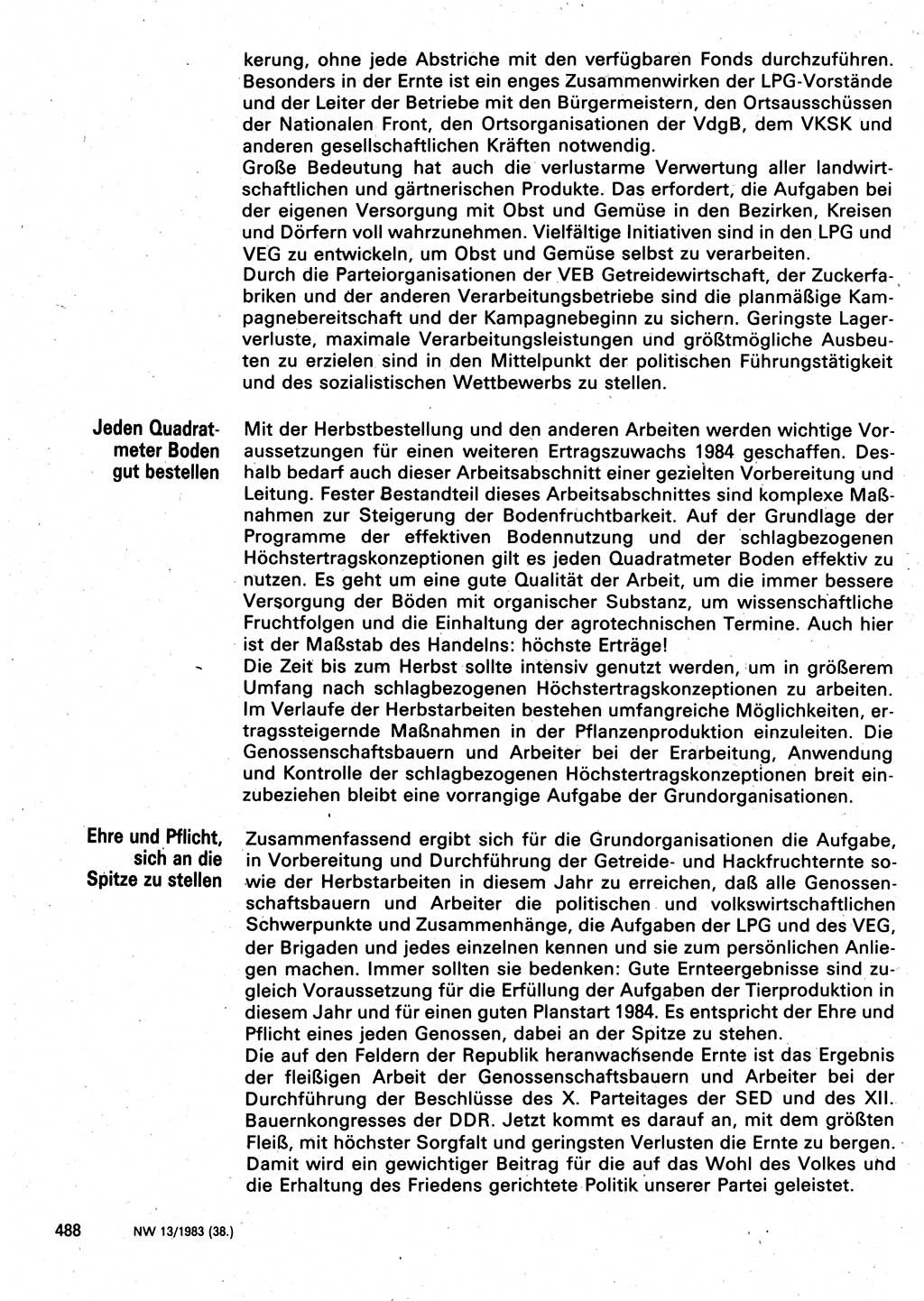 Neuer Weg (NW), Organ des Zentralkomitees (ZK) der SED (Sozialistische Einheitspartei Deutschlands) für Fragen des Parteilebens, 38. Jahrgang [Deutsche Demokratische Republik (DDR)] 1983, Seite 488 (NW ZK SED DDR 1983, S. 488)