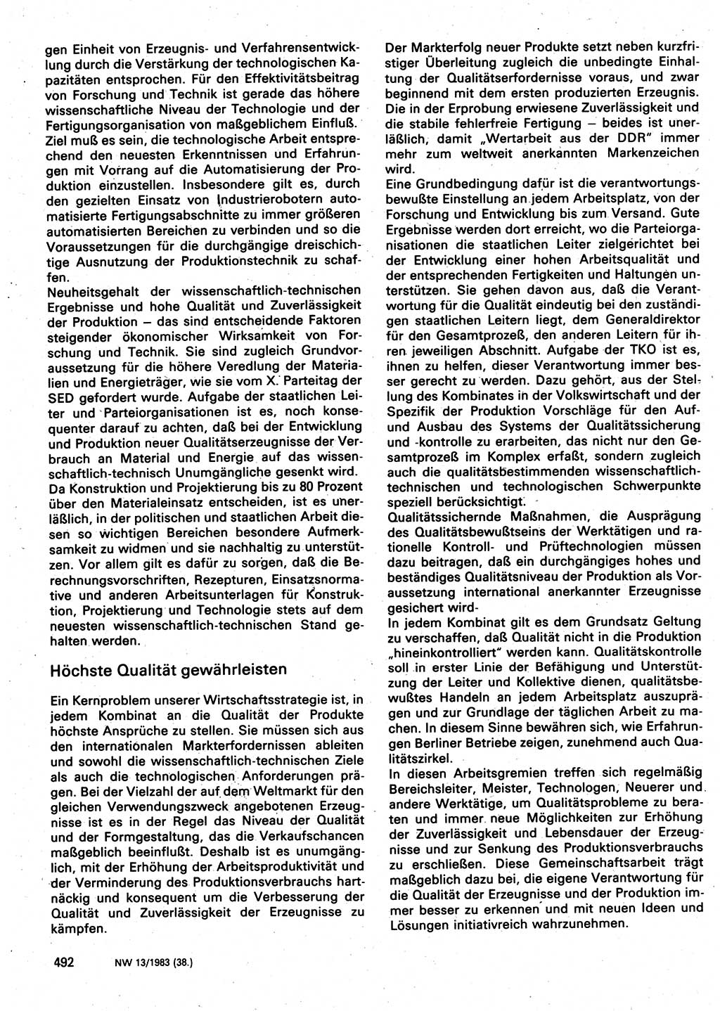 Neuer Weg (NW), Organ des Zentralkomitees (ZK) der SED (Sozialistische Einheitspartei Deutschlands) für Fragen des Parteilebens, 38. Jahrgang [Deutsche Demokratische Republik (DDR)] 1983, Seite 492 (NW ZK SED DDR 1983, S. 492)