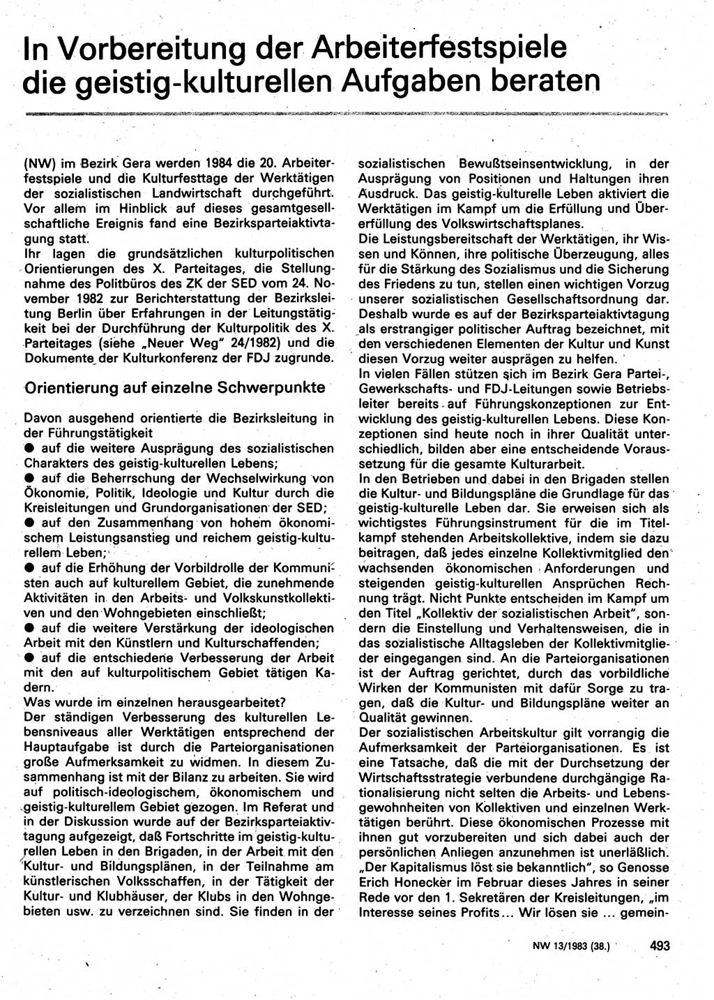 Neuer Weg (NW), Organ des Zentralkomitees (ZK) der SED (Sozialistische Einheitspartei Deutschlands) für Fragen des Parteilebens, 38. Jahrgang [Deutsche Demokratische Republik (DDR)] 1983, Seite 493 (NW ZK SED DDR 1983, S. 493)