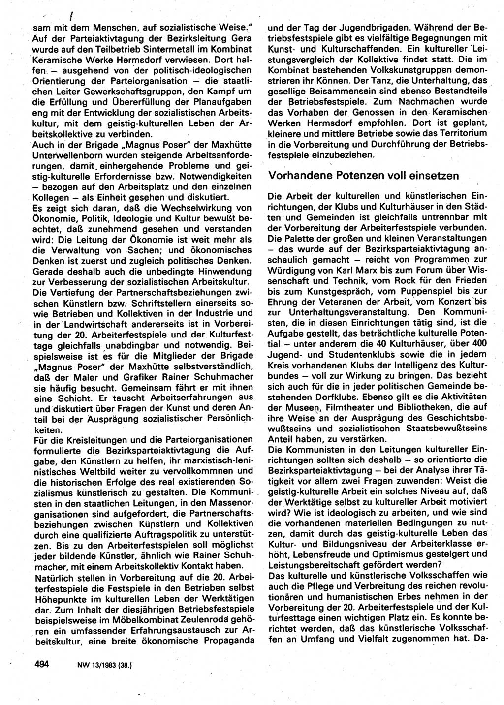 Neuer Weg (NW), Organ des Zentralkomitees (ZK) der SED (Sozialistische Einheitspartei Deutschlands) für Fragen des Parteilebens, 38. Jahrgang [Deutsche Demokratische Republik (DDR)] 1983, Seite 494 (NW ZK SED DDR 1983, S. 494)