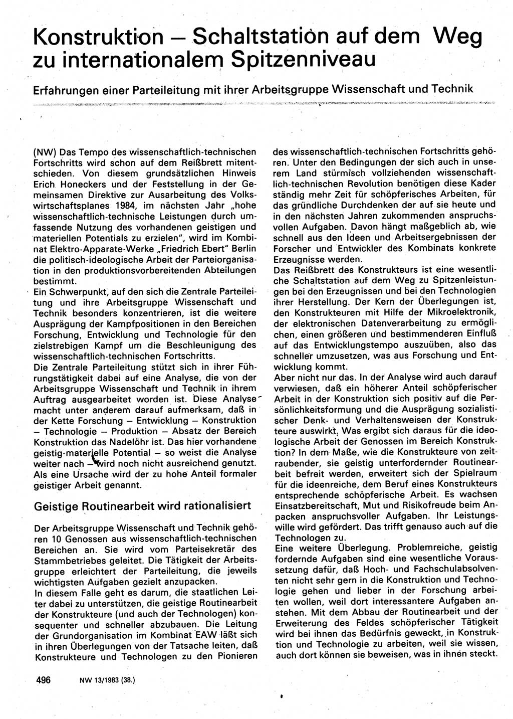 Neuer Weg (NW), Organ des Zentralkomitees (ZK) der SED (Sozialistische Einheitspartei Deutschlands) für Fragen des Parteilebens, 38. Jahrgang [Deutsche Demokratische Republik (DDR)] 1983, Seite 496 (NW ZK SED DDR 1983, S. 496)