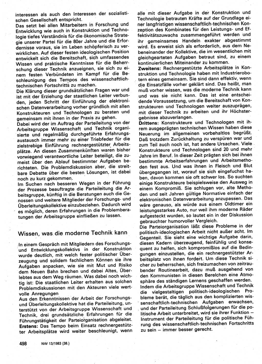 Neuer Weg (NW), Organ des Zentralkomitees (ZK) der SED (Sozialistische Einheitspartei Deutschlands) für Fragen des Parteilebens, 38. Jahrgang [Deutsche Demokratische Republik (DDR)] 1983, Seite 498 (NW ZK SED DDR 1983, S. 498)