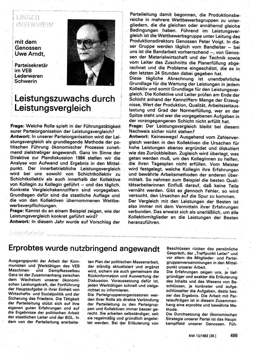 Neuer Weg (NW), Organ des Zentralkomitees (ZK) der SED (Sozialistische Einheitspartei Deutschlands) für Fragen des Parteilebens, 38. Jahrgang [Deutsche Demokratische Republik (DDR)] 1983, Seite 499 (NW ZK SED DDR 1983, S. 499)