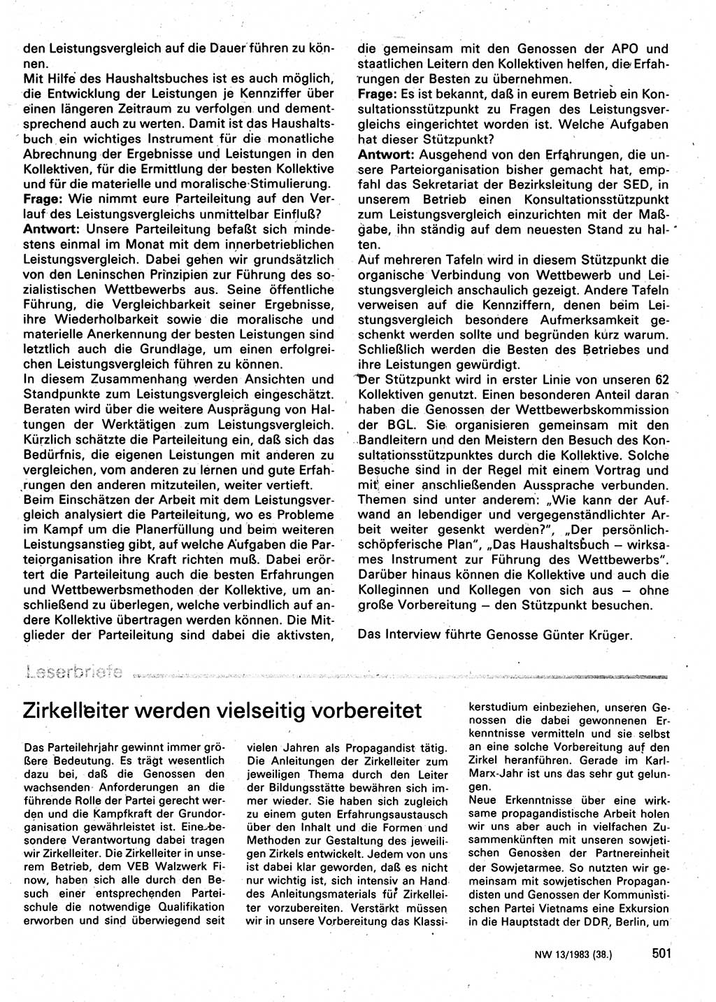 Neuer Weg (NW), Organ des Zentralkomitees (ZK) der SED (Sozialistische Einheitspartei Deutschlands) für Fragen des Parteilebens, 38. Jahrgang [Deutsche Demokratische Republik (DDR)] 1983, Seite 501 (NW ZK SED DDR 1983, S. 501)