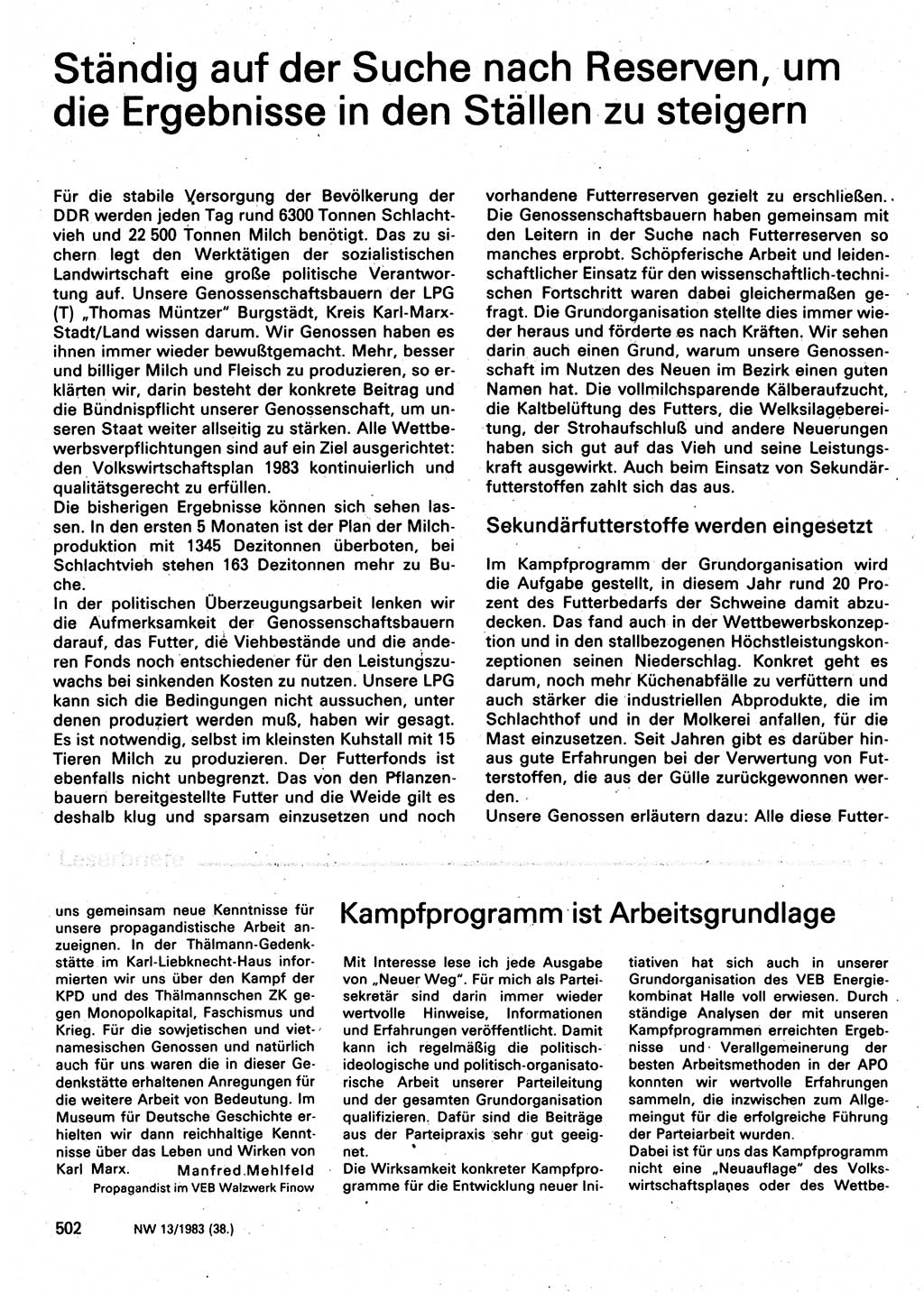 Neuer Weg (NW), Organ des Zentralkomitees (ZK) der SED (Sozialistische Einheitspartei Deutschlands) für Fragen des Parteilebens, 38. Jahrgang [Deutsche Demokratische Republik (DDR)] 1983, Seite 502 (NW ZK SED DDR 1983, S. 502)