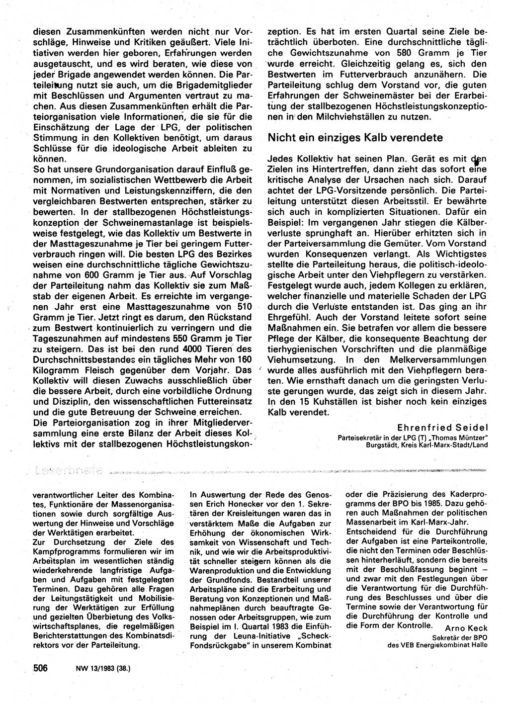 Neuer Weg (NW), Organ des Zentralkomitees (ZK) der SED (Sozialistische Einheitspartei Deutschlands) für Fragen des Parteilebens, 38. Jahrgang [Deutsche Demokratische Republik (DDR)] 1983, Seite 506 (NW ZK SED DDR 1983, S. 506)