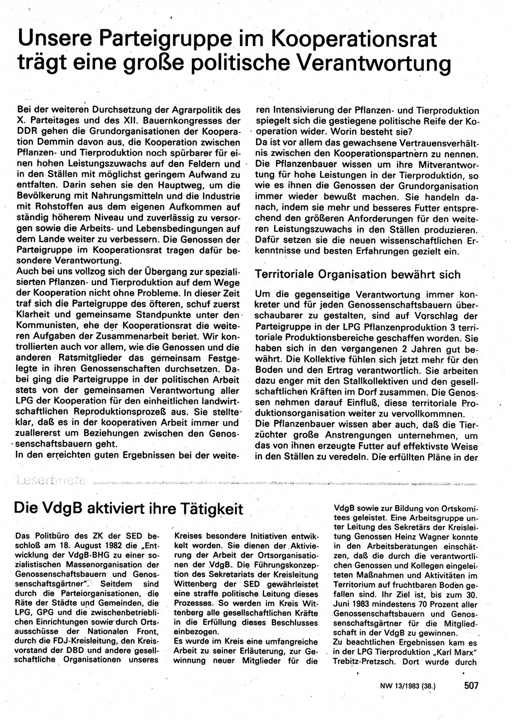 Neuer Weg (NW), Organ des Zentralkomitees (ZK) der SED (Sozialistische Einheitspartei Deutschlands) für Fragen des Parteilebens, 38. Jahrgang [Deutsche Demokratische Republik (DDR)] 1983, Seite 507 (NW ZK SED DDR 1983, S. 507)