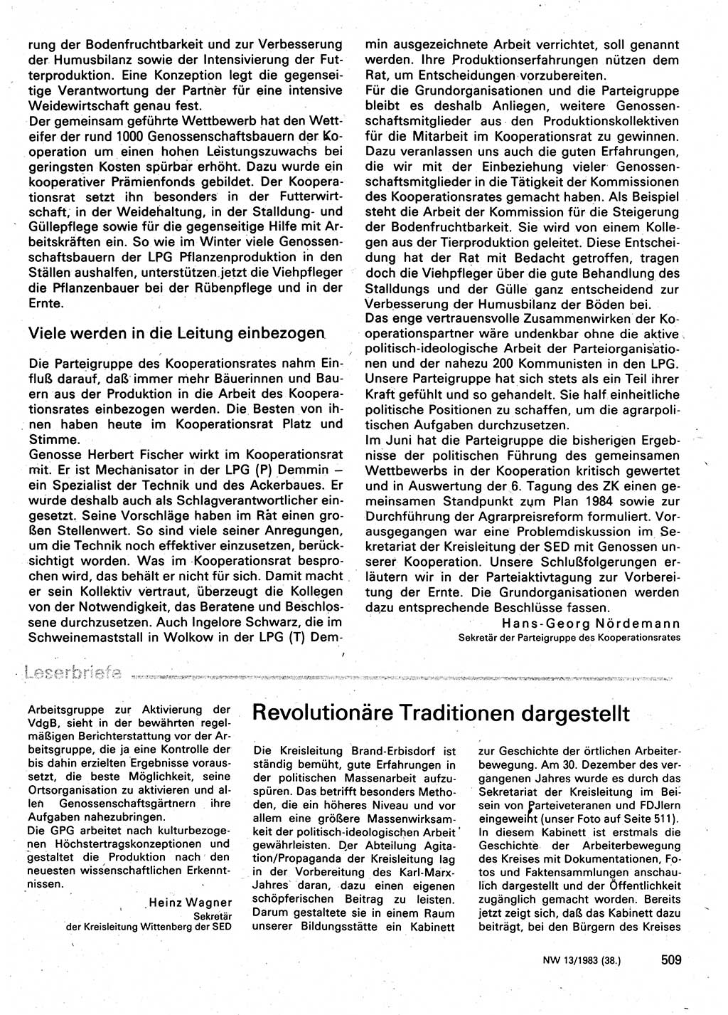 Neuer Weg (NW), Organ des Zentralkomitees (ZK) der SED (Sozialistische Einheitspartei Deutschlands) für Fragen des Parteilebens, 38. Jahrgang [Deutsche Demokratische Republik (DDR)] 1983, Seite 509 (NW ZK SED DDR 1983, S. 509)