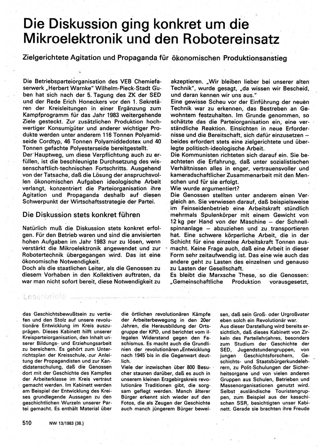 Neuer Weg (NW), Organ des Zentralkomitees (ZK) der SED (Sozialistische Einheitspartei Deutschlands) für Fragen des Parteilebens, 38. Jahrgang [Deutsche Demokratische Republik (DDR)] 1983, Seite 510 (NW ZK SED DDR 1983, S. 510)