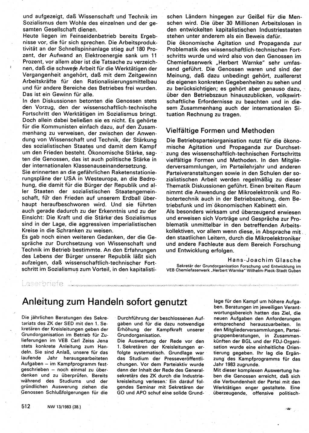Neuer Weg (NW), Organ des Zentralkomitees (ZK) der SED (Sozialistische Einheitspartei Deutschlands) für Fragen des Parteilebens, 38. Jahrgang [Deutsche Demokratische Republik (DDR)] 1983, Seite 512 (NW ZK SED DDR 1983, S. 512)