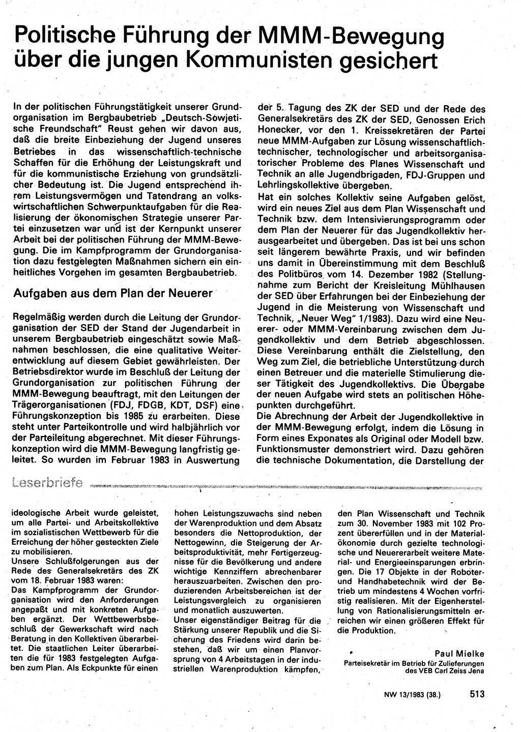 Neuer Weg (NW), Organ des Zentralkomitees (ZK) der SED (Sozialistische Einheitspartei Deutschlands) für Fragen des Parteilebens, 38. Jahrgang [Deutsche Demokratische Republik (DDR)] 1983, Seite 513 (NW ZK SED DDR 1983, S. 513)