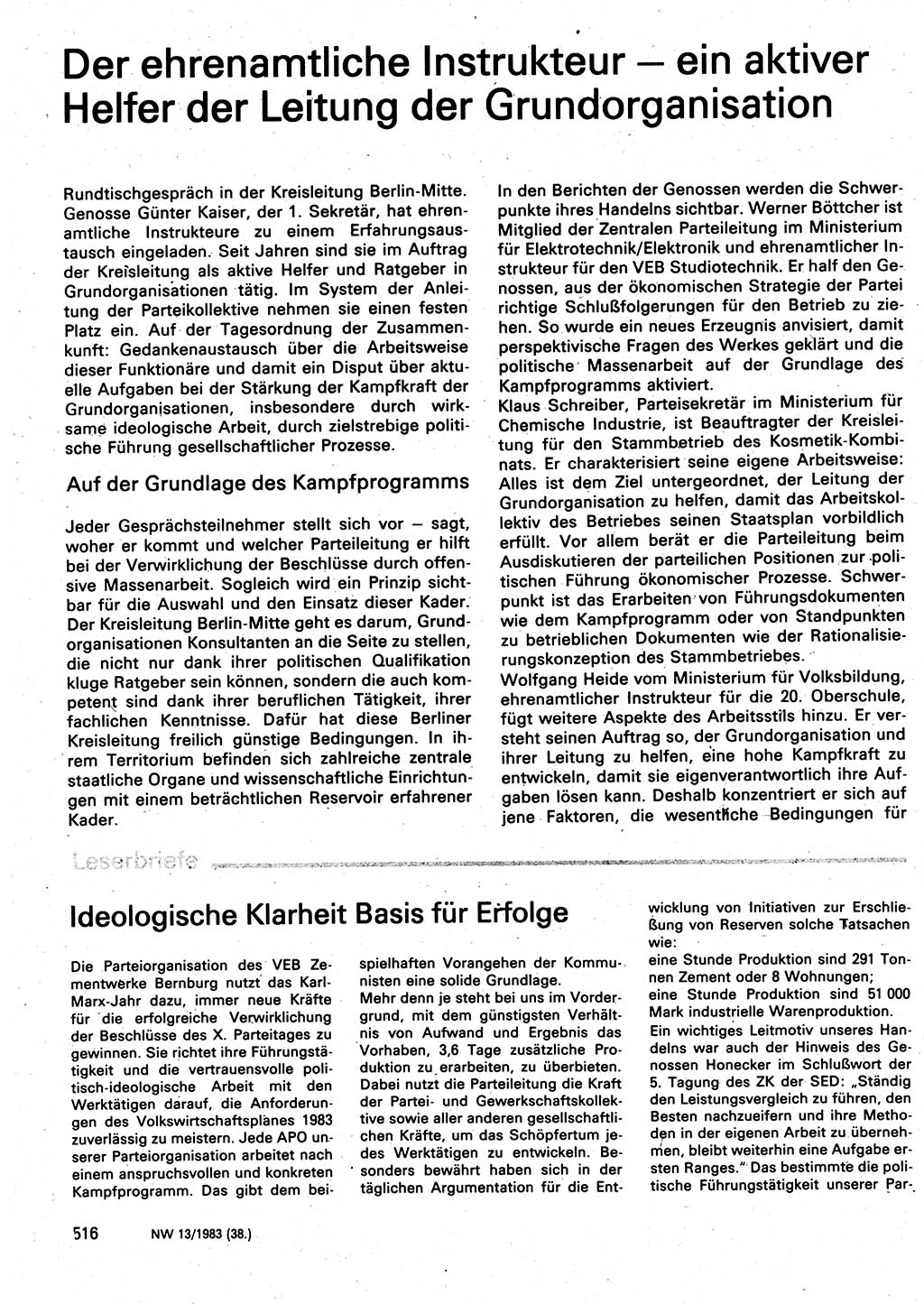 Neuer Weg (NW), Organ des Zentralkomitees (ZK) der SED (Sozialistische Einheitspartei Deutschlands) für Fragen des Parteilebens, 38. Jahrgang [Deutsche Demokratische Republik (DDR)] 1983, Seite 516 (NW ZK SED DDR 1983, S. 516)