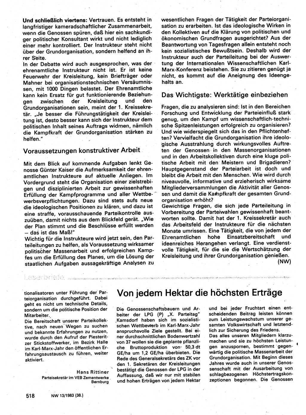 Neuer Weg (NW), Organ des Zentralkomitees (ZK) der SED (Sozialistische Einheitspartei Deutschlands) für Fragen des Parteilebens, 38. Jahrgang [Deutsche Demokratische Republik (DDR)] 1983, Seite 518 (NW ZK SED DDR 1983, S. 518)