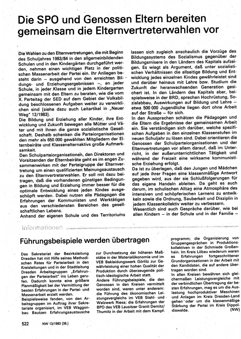 Neuer Weg (NW), Organ des Zentralkomitees (ZK) der SED (Sozialistische Einheitspartei Deutschlands) für Fragen des Parteilebens, 38. Jahrgang [Deutsche Demokratische Republik (DDR)] 1983, Seite 522 (NW ZK SED DDR 1983, S. 522)