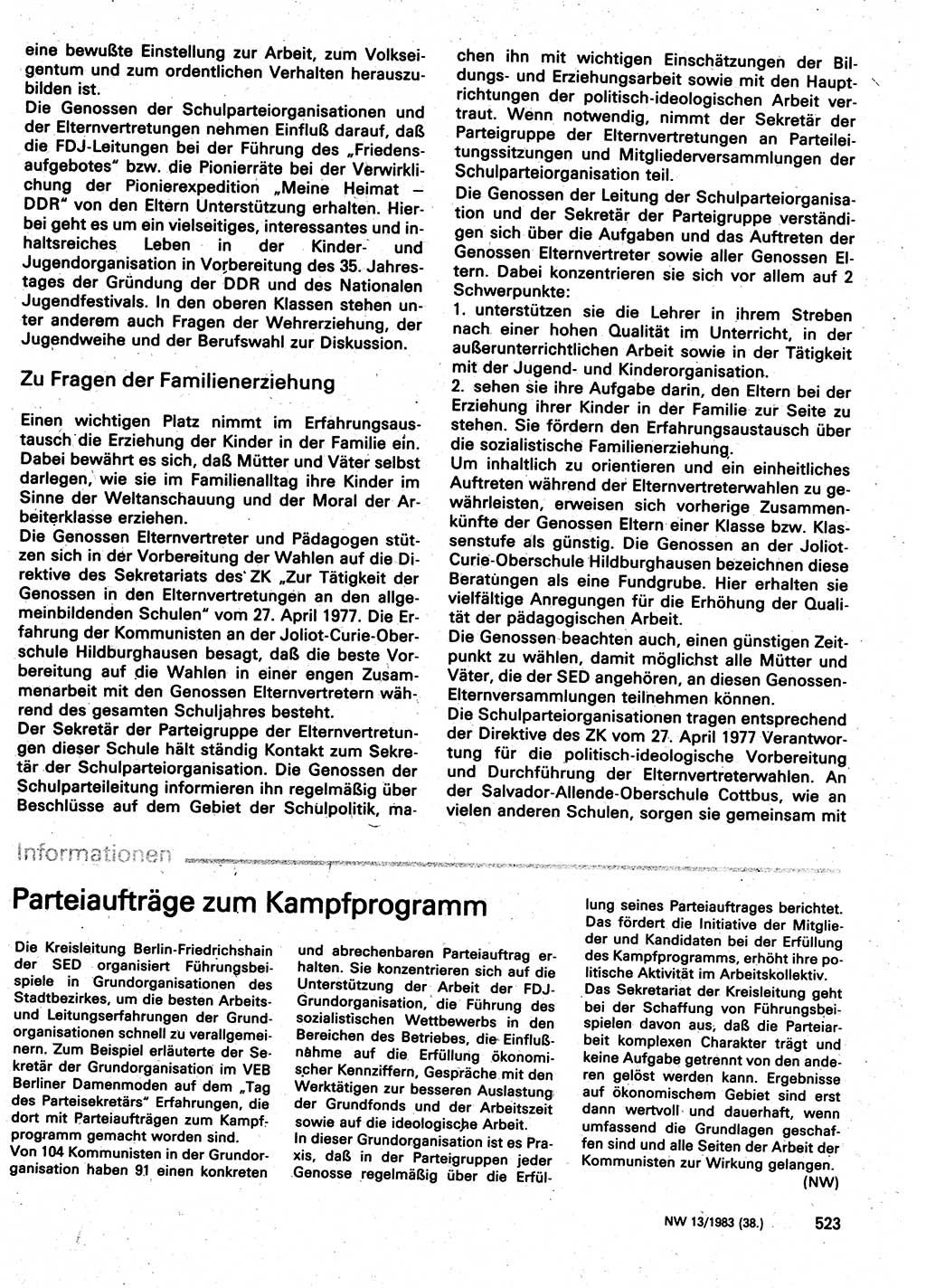 Neuer Weg (NW), Organ des Zentralkomitees (ZK) der SED (Sozialistische Einheitspartei Deutschlands) für Fragen des Parteilebens, 38. Jahrgang [Deutsche Demokratische Republik (DDR)] 1983, Seite 523 (NW ZK SED DDR 1983, S. 523)