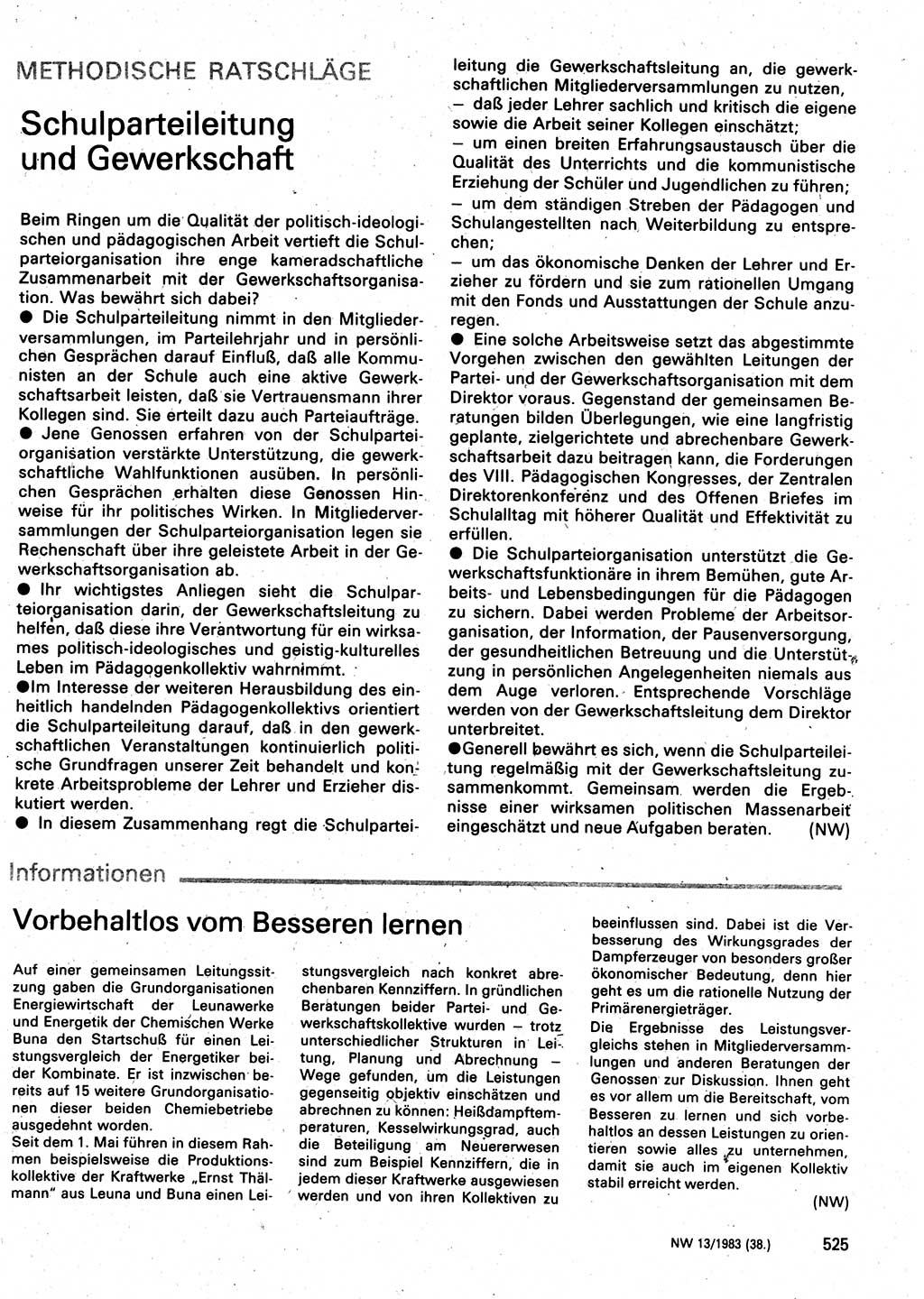 Neuer Weg (NW), Organ des Zentralkomitees (ZK) der SED (Sozialistische Einheitspartei Deutschlands) für Fragen des Parteilebens, 38. Jahrgang [Deutsche Demokratische Republik (DDR)] 1983, Seite 525 (NW ZK SED DDR 1983, S. 525)