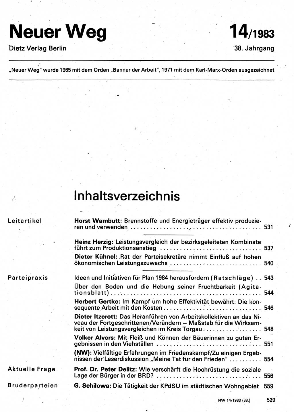 Neuer Weg (NW), Organ des Zentralkomitees (ZK) der SED (Sozialistische Einheitspartei Deutschlands) für Fragen des Parteilebens, 38. Jahrgang [Deutsche Demokratische Republik (DDR)] 1983, Seite 529 (NW ZK SED DDR 1983, S. 529)