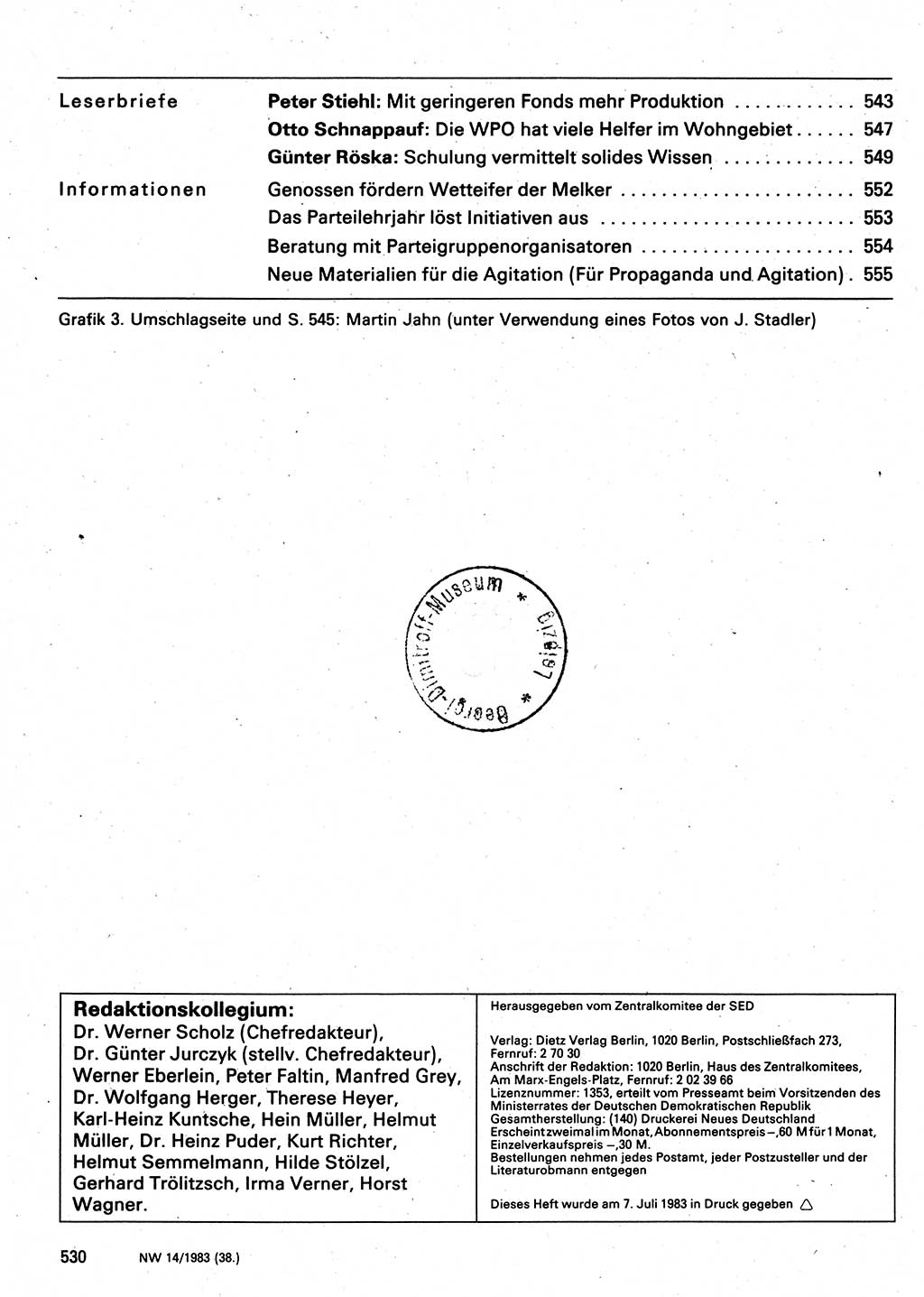 Neuer Weg (NW), Organ des Zentralkomitees (ZK) der SED (Sozialistische Einheitspartei Deutschlands) für Fragen des Parteilebens, 38. Jahrgang [Deutsche Demokratische Republik (DDR)] 1983, Seite 530 (NW ZK SED DDR 1983, S. 530)