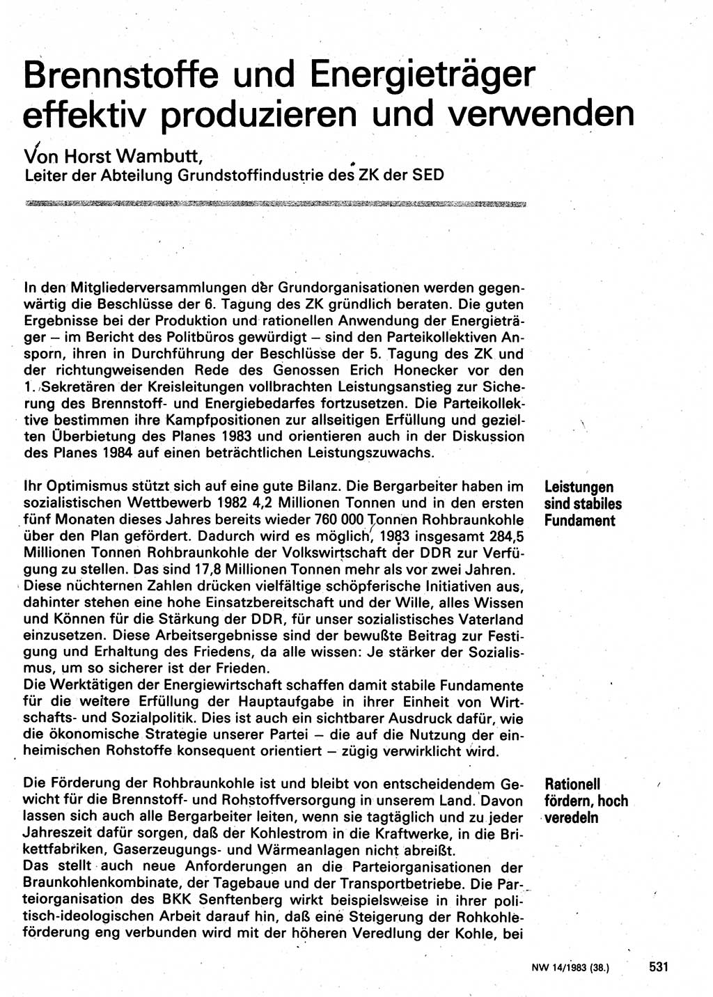 Neuer Weg (NW), Organ des Zentralkomitees (ZK) der SED (Sozialistische Einheitspartei Deutschlands) für Fragen des Parteilebens, 38. Jahrgang [Deutsche Demokratische Republik (DDR)] 1983, Seite 531 (NW ZK SED DDR 1983, S. 531)