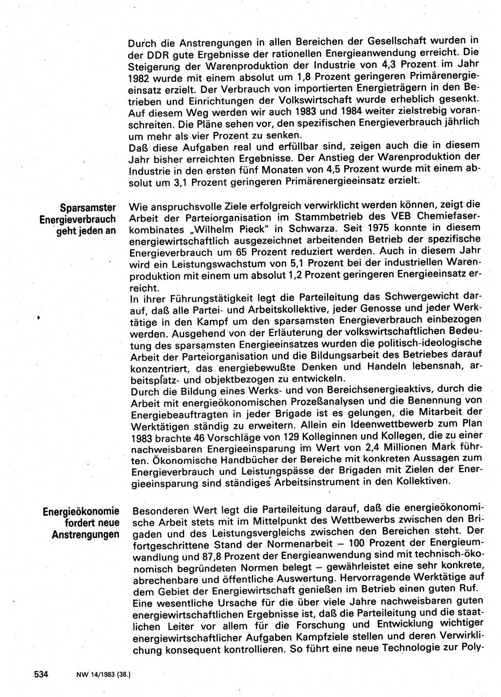 Neuer Weg (NW), Organ des Zentralkomitees (ZK) der SED (Sozialistische Einheitspartei Deutschlands) für Fragen des Parteilebens, 38. Jahrgang [Deutsche Demokratische Republik (DDR)] 1983, Seite 534 (NW ZK SED DDR 1983, S. 534)