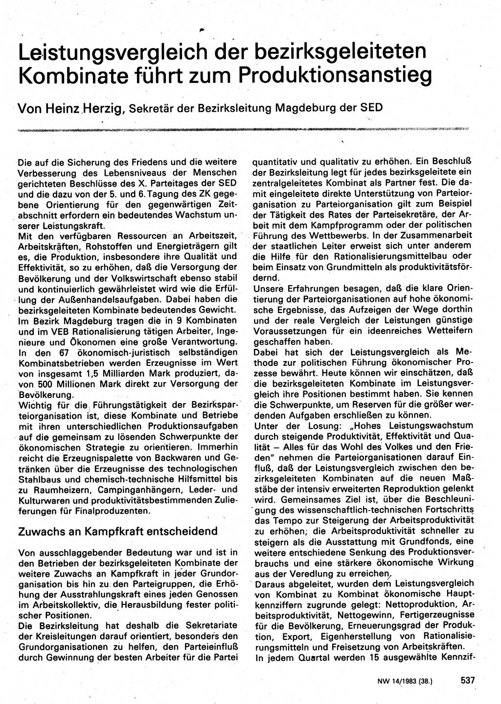 Neuer Weg (NW), Organ des Zentralkomitees (ZK) der SED (Sozialistische Einheitspartei Deutschlands) für Fragen des Parteilebens, 38. Jahrgang [Deutsche Demokratische Republik (DDR)] 1983, Seite 537 (NW ZK SED DDR 1983, S. 537)