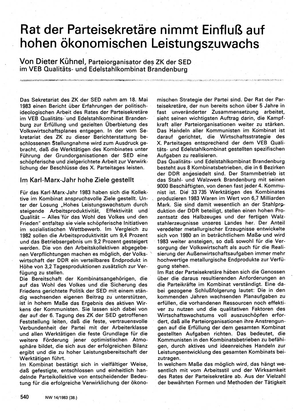 Neuer Weg (NW), Organ des Zentralkomitees (ZK) der SED (Sozialistische Einheitspartei Deutschlands) für Fragen des Parteilebens, 38. Jahrgang [Deutsche Demokratische Republik (DDR)] 1983, Seite 540 (NW ZK SED DDR 1983, S. 540)