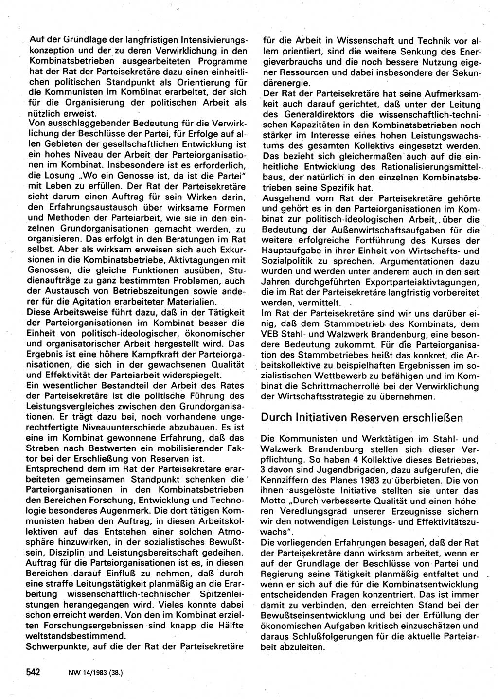 Neuer Weg (NW), Organ des Zentralkomitees (ZK) der SED (Sozialistische Einheitspartei Deutschlands) für Fragen des Parteilebens, 38. Jahrgang [Deutsche Demokratische Republik (DDR)] 1983, Seite 542 (NW ZK SED DDR 1983, S. 542)