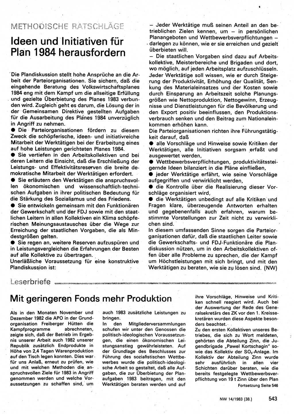 Neuer Weg (NW), Organ des Zentralkomitees (ZK) der SED (Sozialistische Einheitspartei Deutschlands) für Fragen des Parteilebens, 38. Jahrgang [Deutsche Demokratische Republik (DDR)] 1983, Seite 543 (NW ZK SED DDR 1983, S. 543)