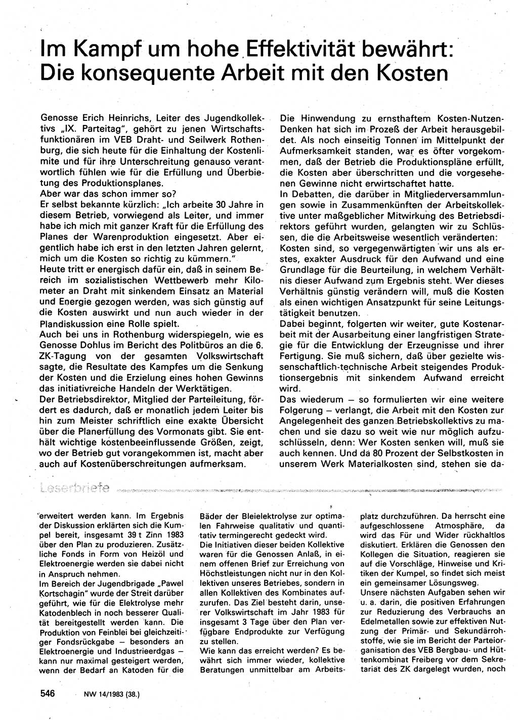 Neuer Weg (NW), Organ des Zentralkomitees (ZK) der SED (Sozialistische Einheitspartei Deutschlands) für Fragen des Parteilebens, 38. Jahrgang [Deutsche Demokratische Republik (DDR)] 1983, Seite 546 (NW ZK SED DDR 1983, S. 546)