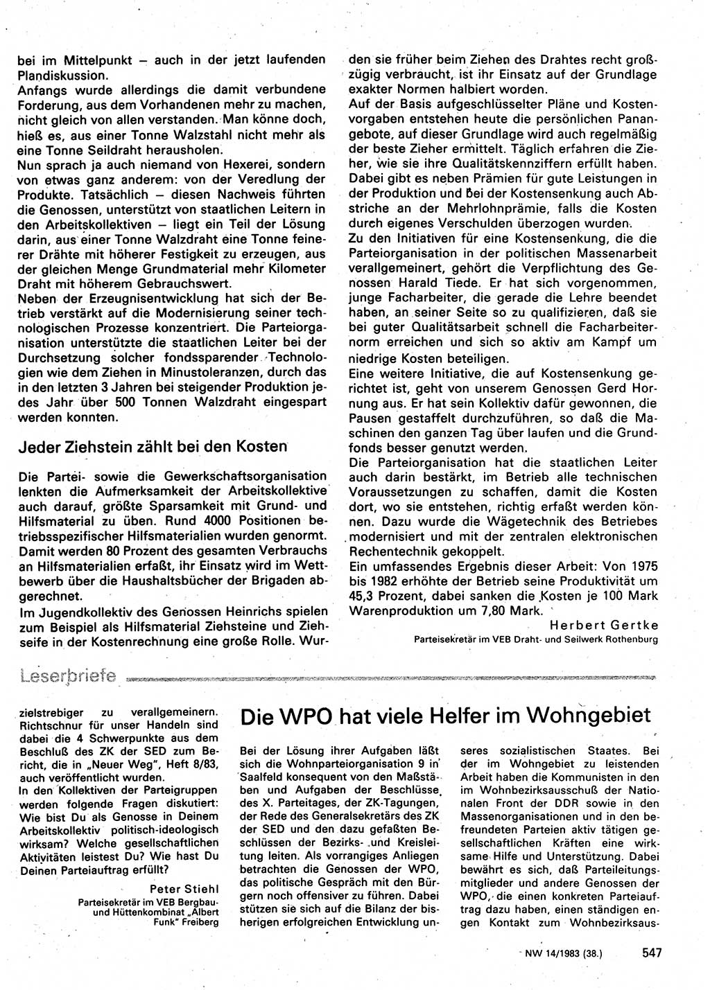 Neuer Weg (NW), Organ des Zentralkomitees (ZK) der SED (Sozialistische Einheitspartei Deutschlands) für Fragen des Parteilebens, 38. Jahrgang [Deutsche Demokratische Republik (DDR)] 1983, Seite 547 (NW ZK SED DDR 1983, S. 547)